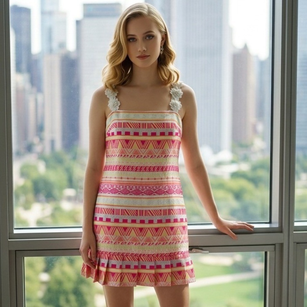 Laundry‎ by Shelli Segal 10 Metallic Geometric Dress Floral Straps Mad Men NWT